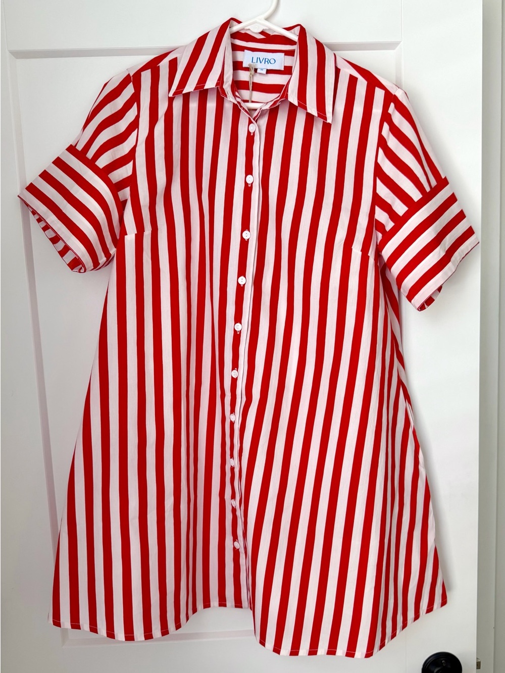 LIVRO Red & White Striped Button-Front Shirt Dress